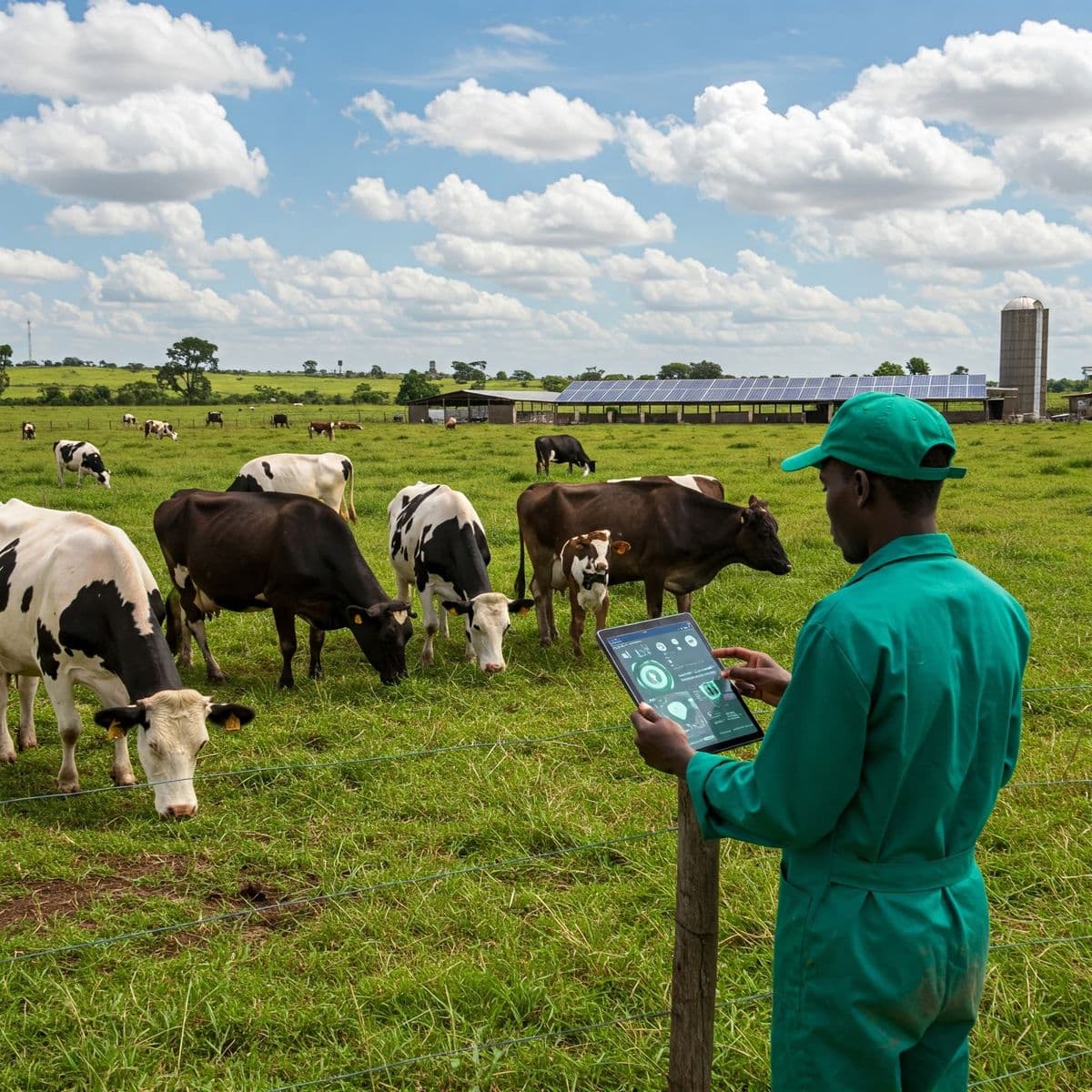 A farmer using a tablet in a dairy pasture
